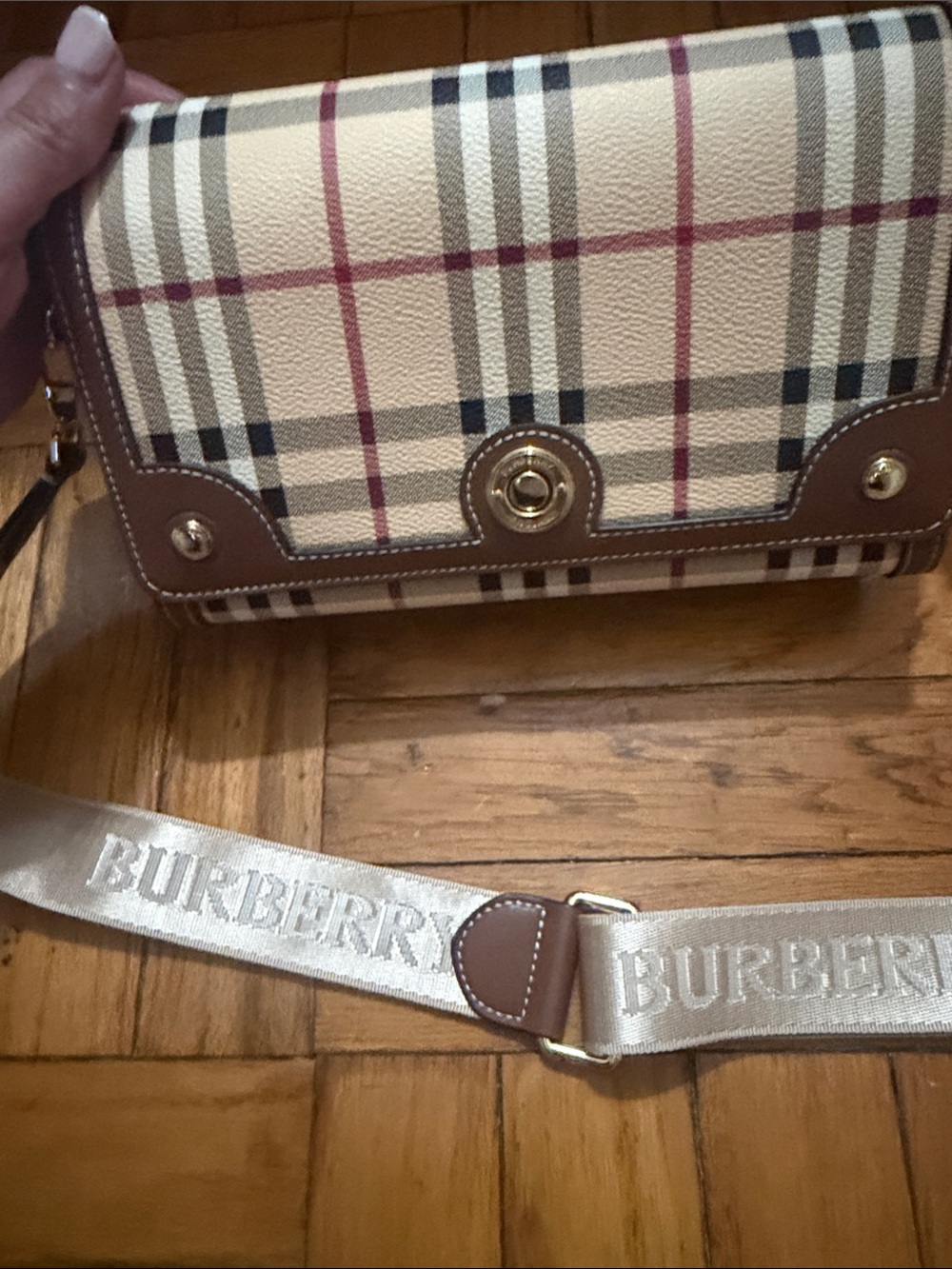 Beige Plaid Crossbody with Brown Leather Trim and Gold Hardware